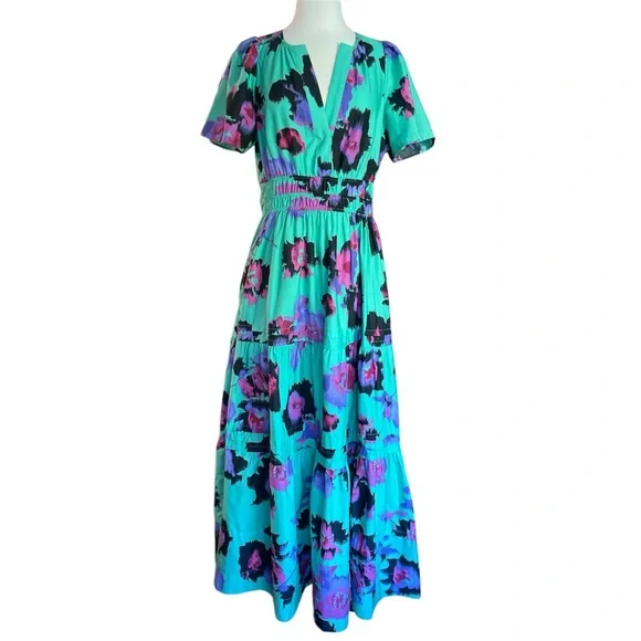 Anthropologie The Somerset Maxi Dress Teal & Purple Watercolor Floral Size M - Picture 3 of 7
